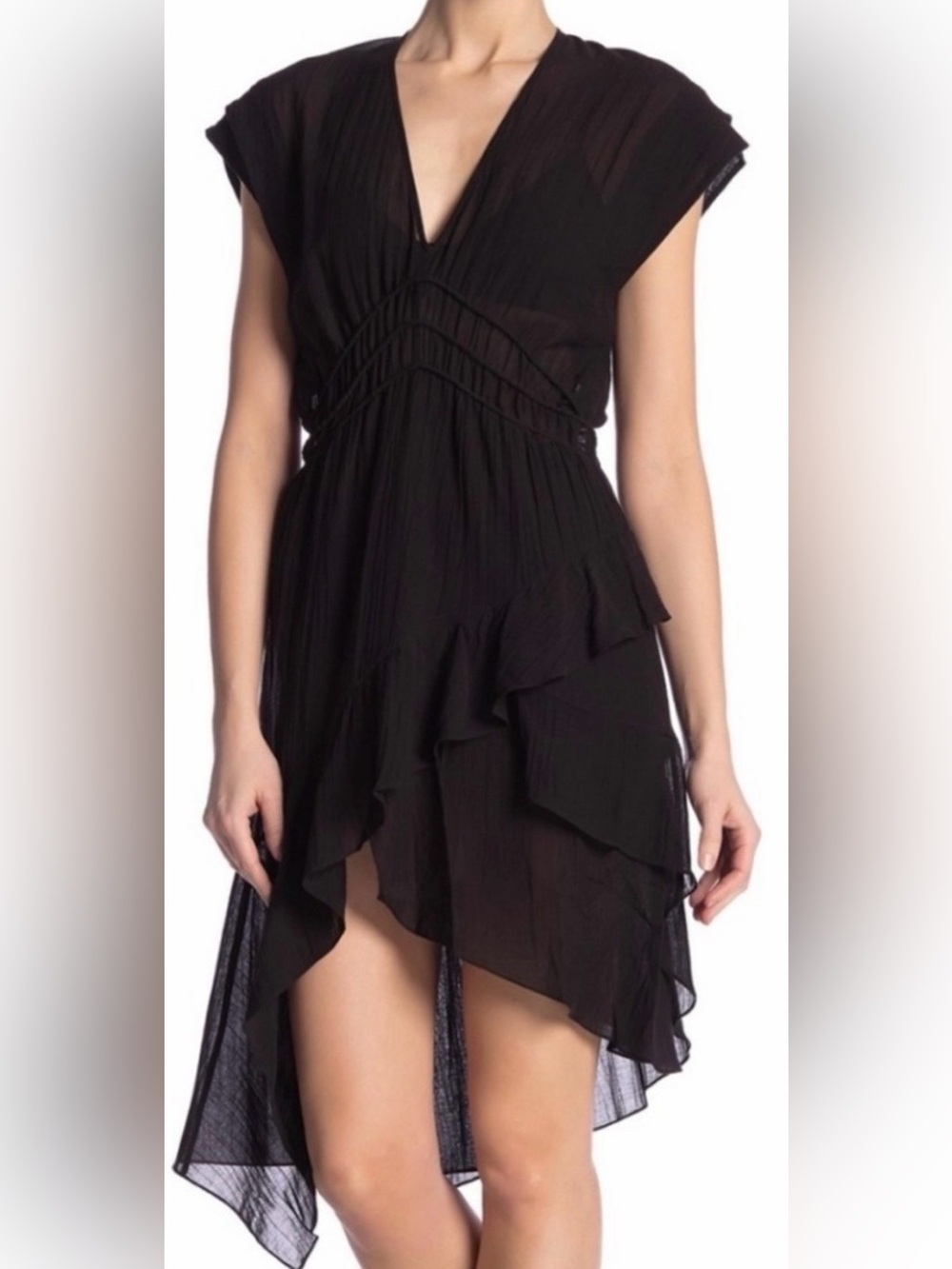 IRO Foroura Black Asymmetrical Ruffle Midi Dress Size 38